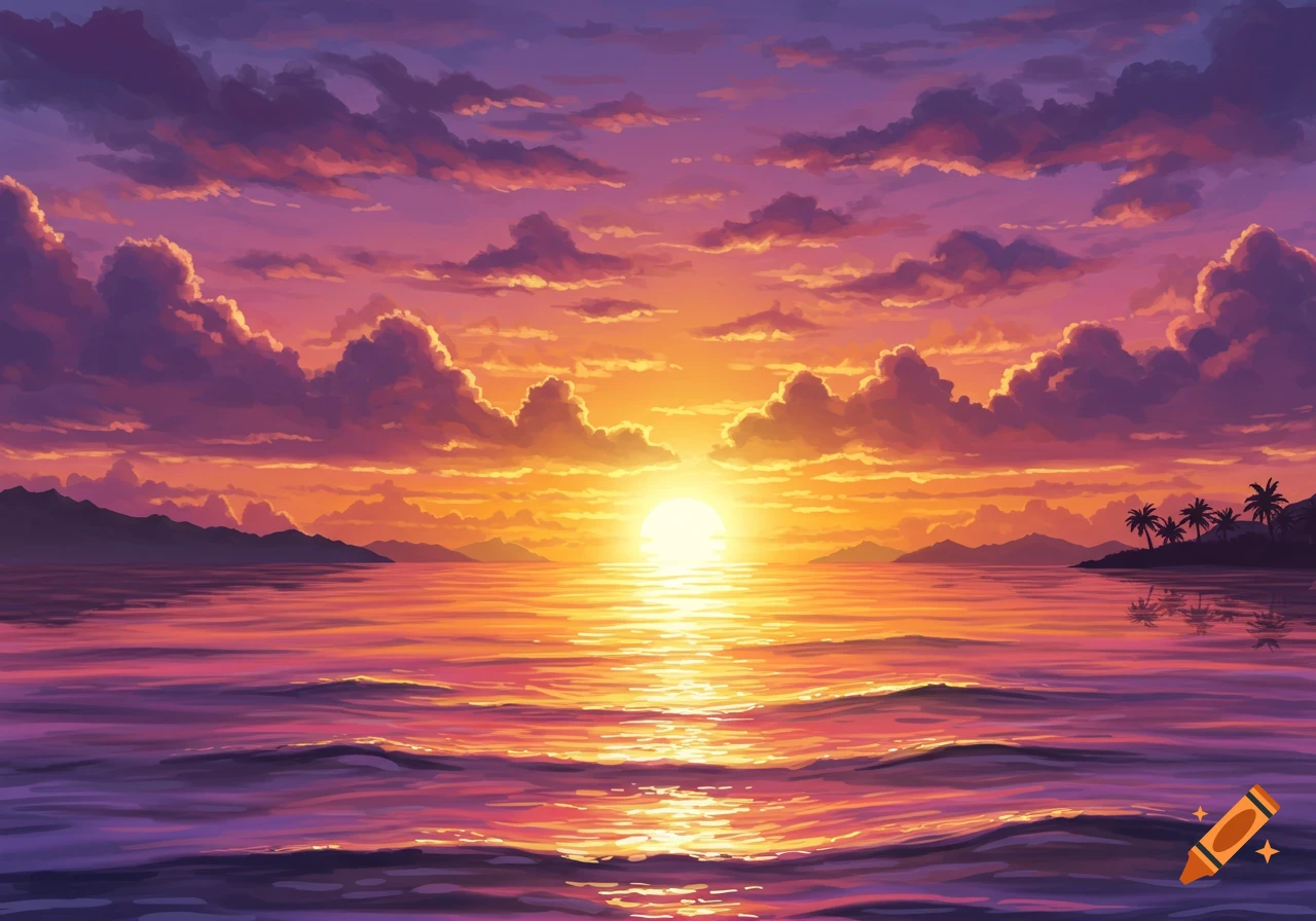 Vibrant digital art sunset over ocean, with orange and purple clouds, sun reflecting on water, and distant tropical islands.