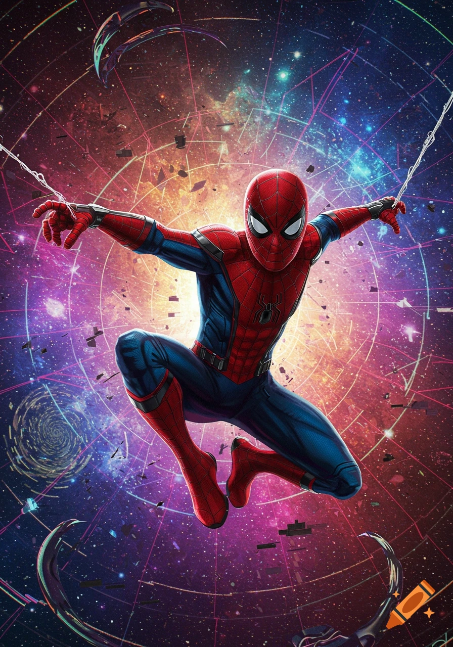 Spider-Man in his classic suit leaps against a vibrant cosmic background with swirling galaxies and colorful nebulae.