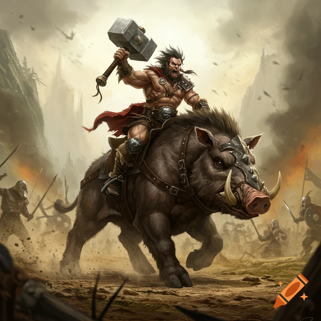 A muscular barbarian warrior rides a battle-scarred wild boar through a dusty battlefield, raising a massive hammer.