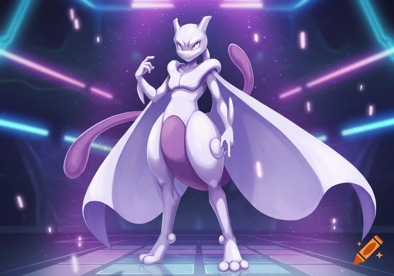 Mewtwo stands powerfully in a vibrant purple and blue neon-lit futuristic environment.