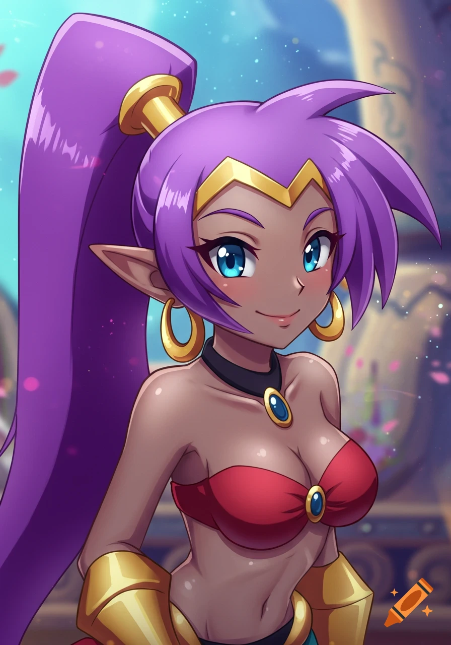 Anime portrait of Shantae, a dark-skinned genie girl with long purple hair, blue eyes, gold jewelry, and a red bikini top, smiling softly.