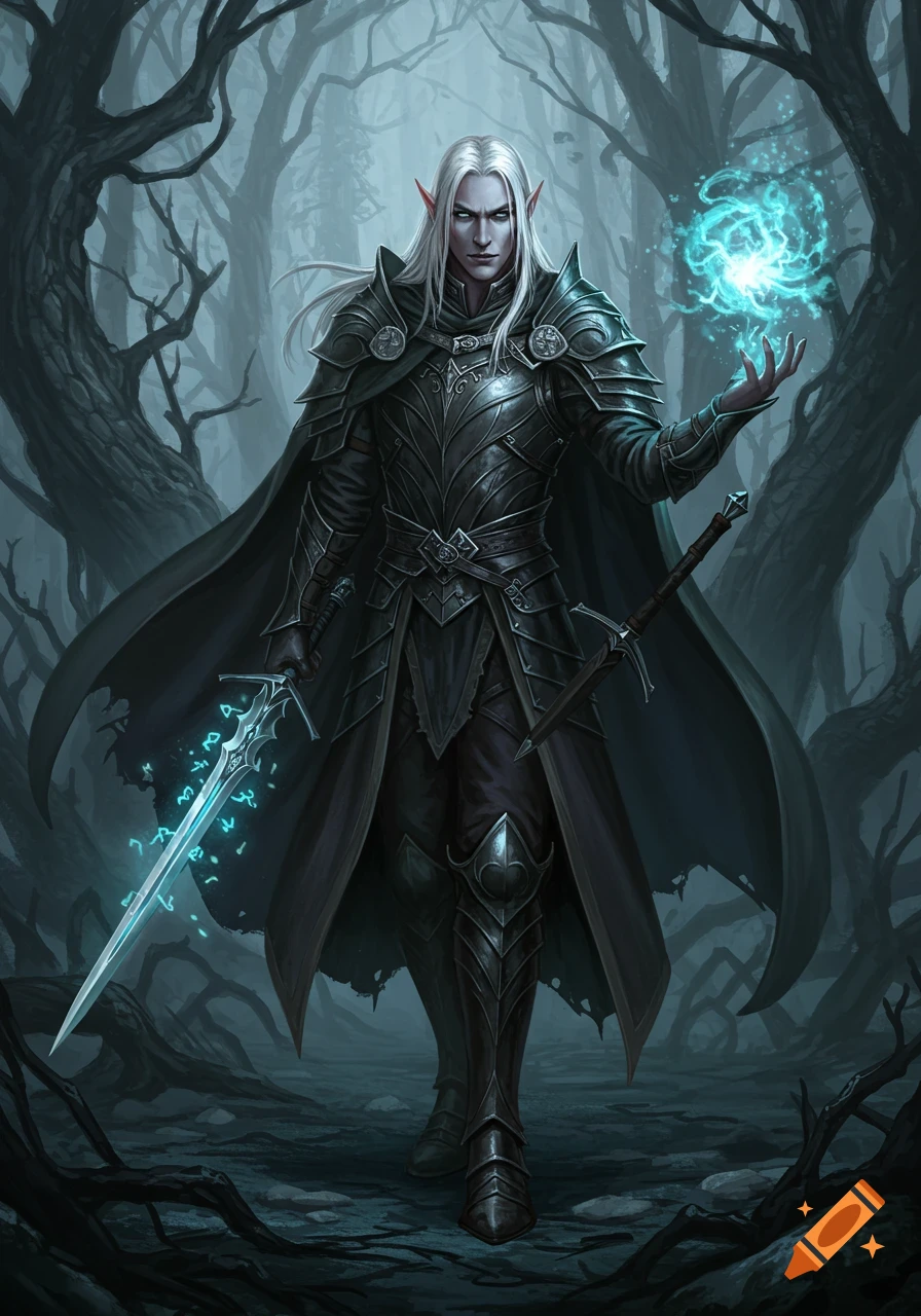 A gothic high elf warrior with long white hair, dark armor, holding a glowing magical sword and conjuring a blue orb of magic in a dark forest.