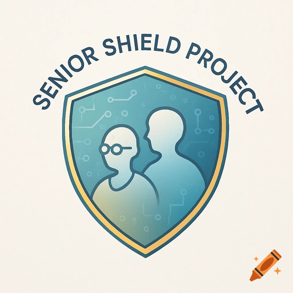 Logo for Senior Shield Project featuring a blue and green shield with two silhouetted figures and circuit lines, with the text "SENIOR SHIELD PROJECT" above.