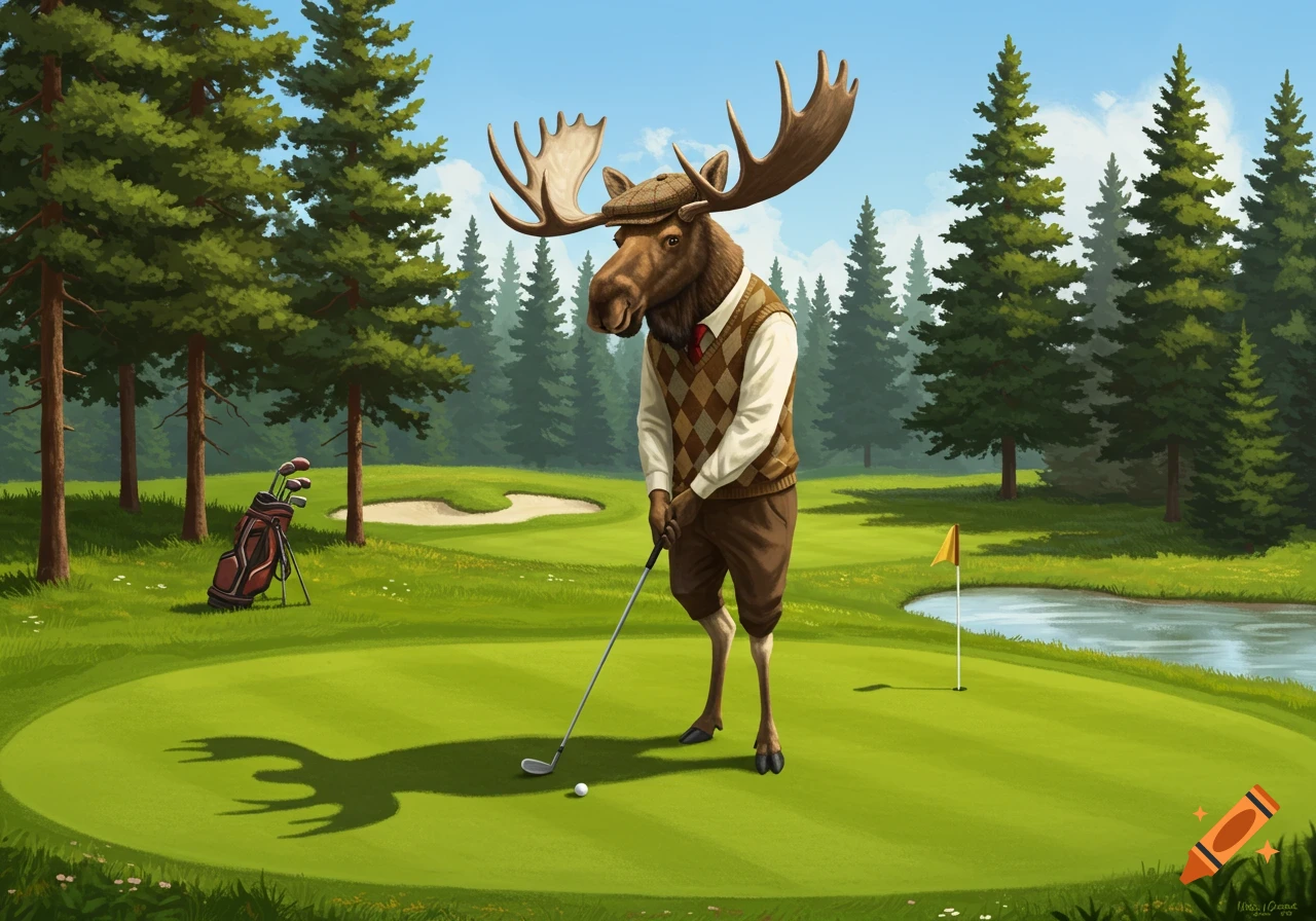 An anthropomorphic moose in a vest and flat cap plays golf on a green course with pine trees and a pond.