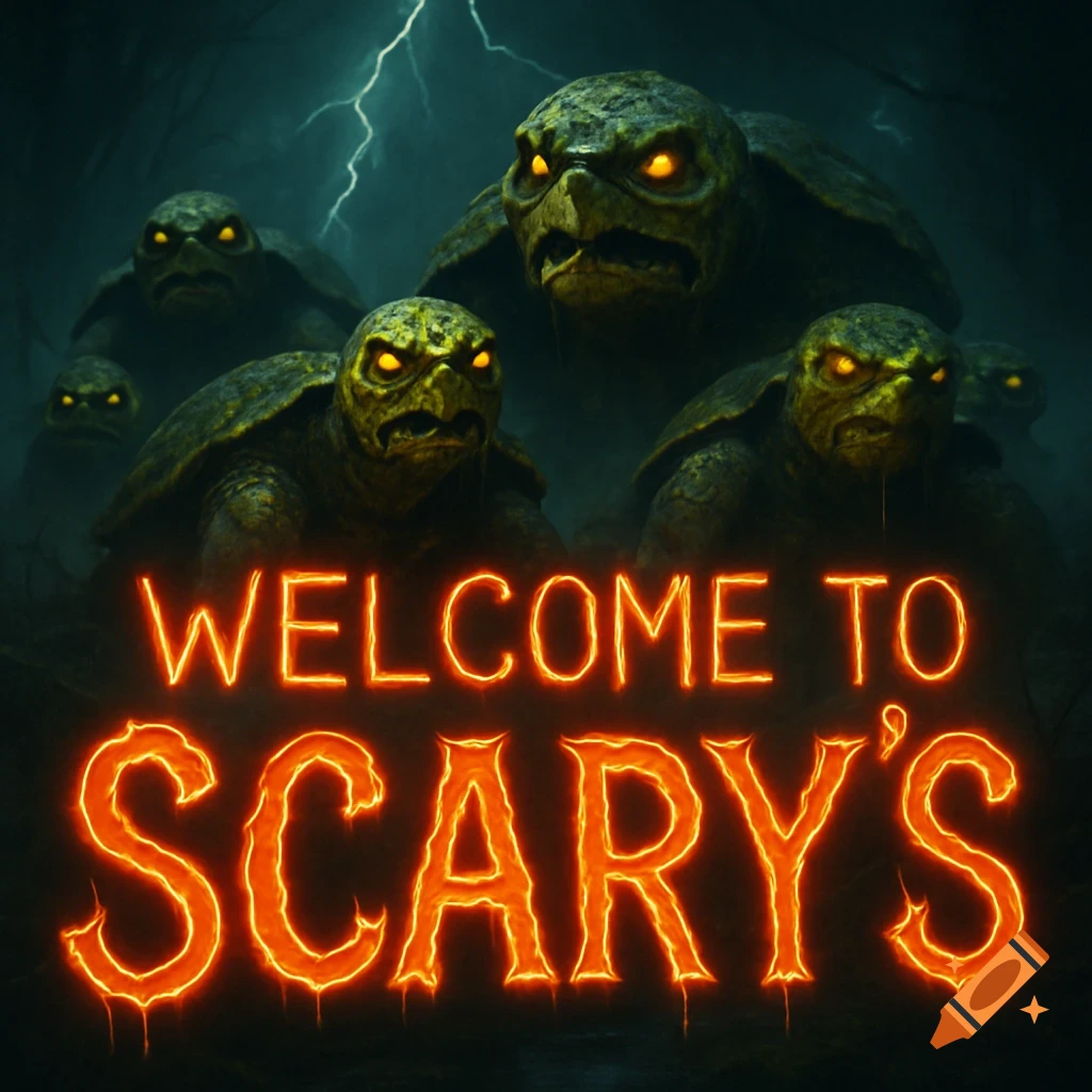 A group of angry, glowing-eyed turtle monsters in a dark, stormy setting, with neon orange text that reads 'WELCOME TO SCARY'S'.