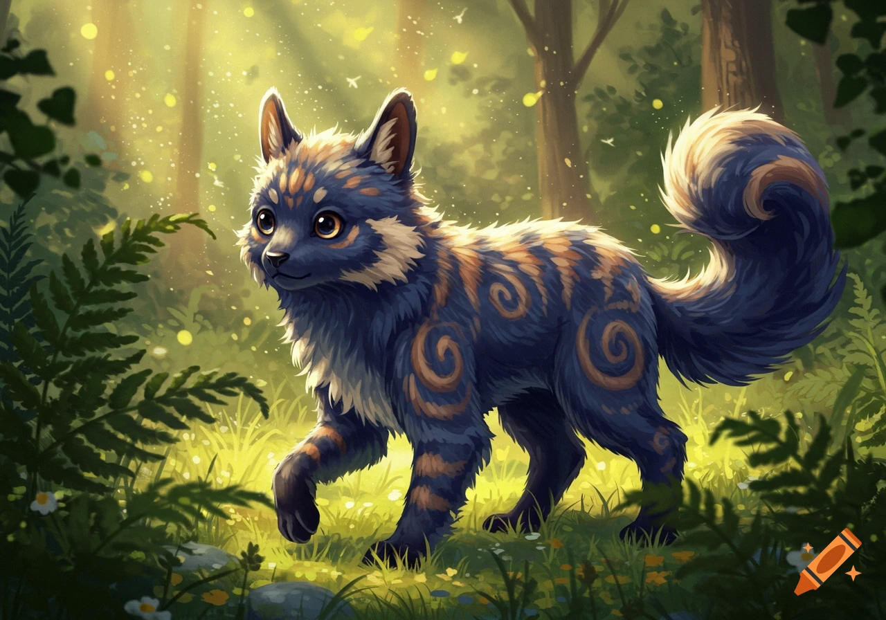 A cute, stylized dark blue furry animal with orange swirl patterns walks through a sunlit forest with glowing particles.
