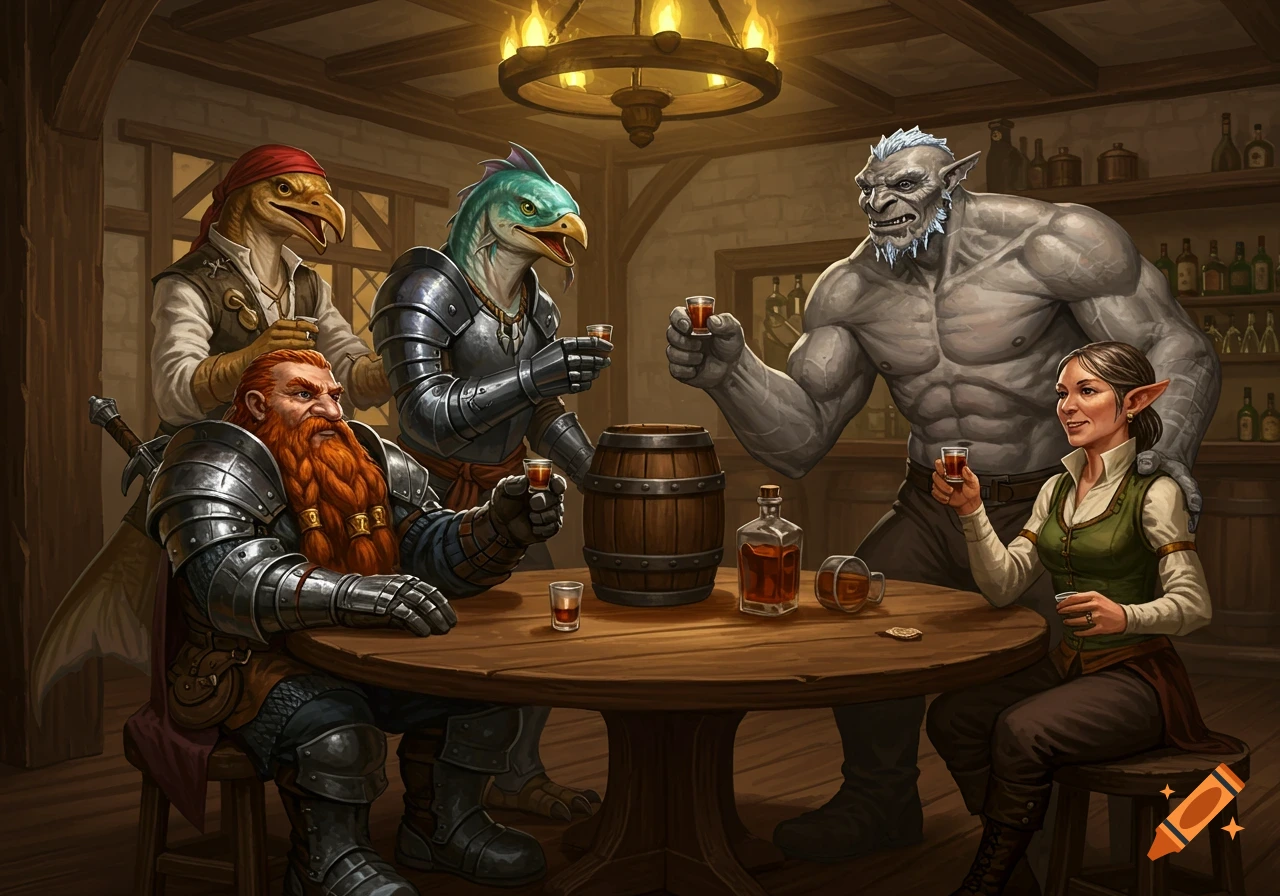 A diverse group of fantasy adventurers, including a dwarf, bird-folk, goliath, and elf, toast with shots in a rustic tavern.