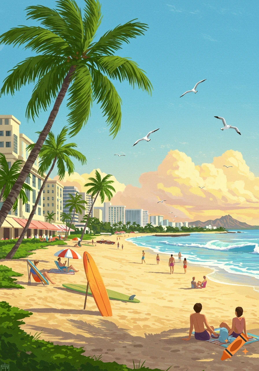 Vibrant retro illustration of a bustling beach with palm trees, city skyline, and mountains under a colorful sky.