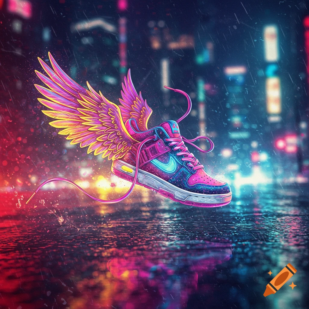 A vibrant neon sneaker with feathered wings flies above a wet, reflective city street at night, with blurred city lights in the background.