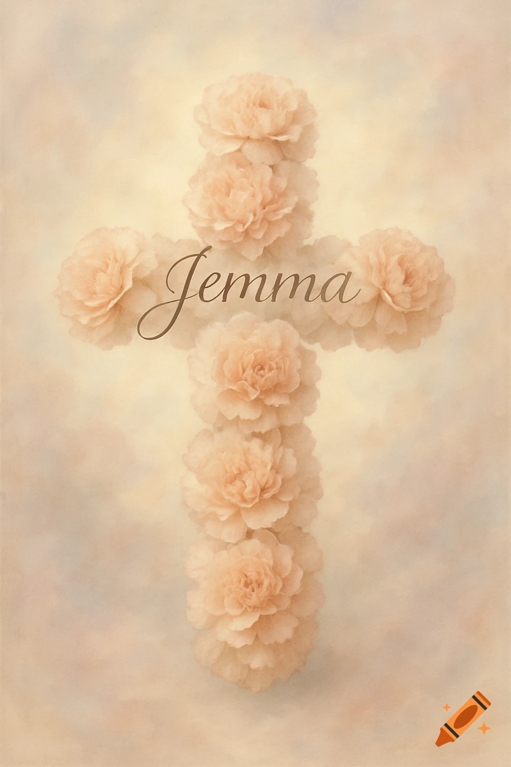 Soft light pink carnations forming a cross with the name Jemma in script, against a blurred pastel background.