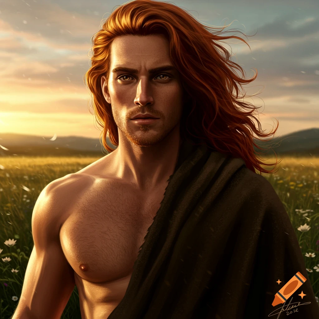 Photorealistic portrait of a shirtless man with long red