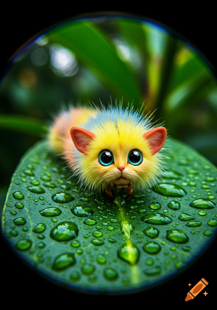 A vibrant, cute, yellow and blue furry caterpillar-cat hybrid with large eyes sits on a wet green leaf, captured with a fisheye lens.