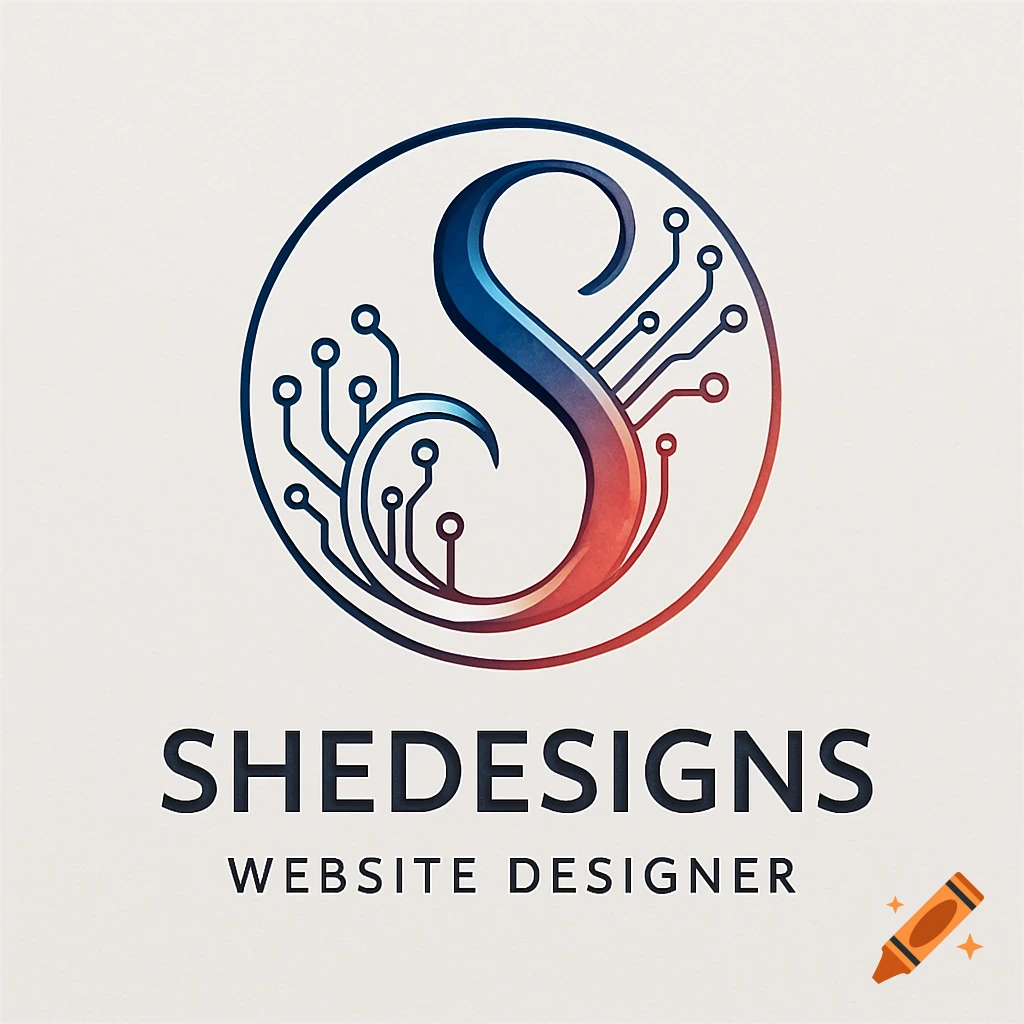 A logo with a blue and red gradient S integrated with circuit lines in a circle, text reads 'SHEDESIGNS WEBSITE DESIGNER'.
