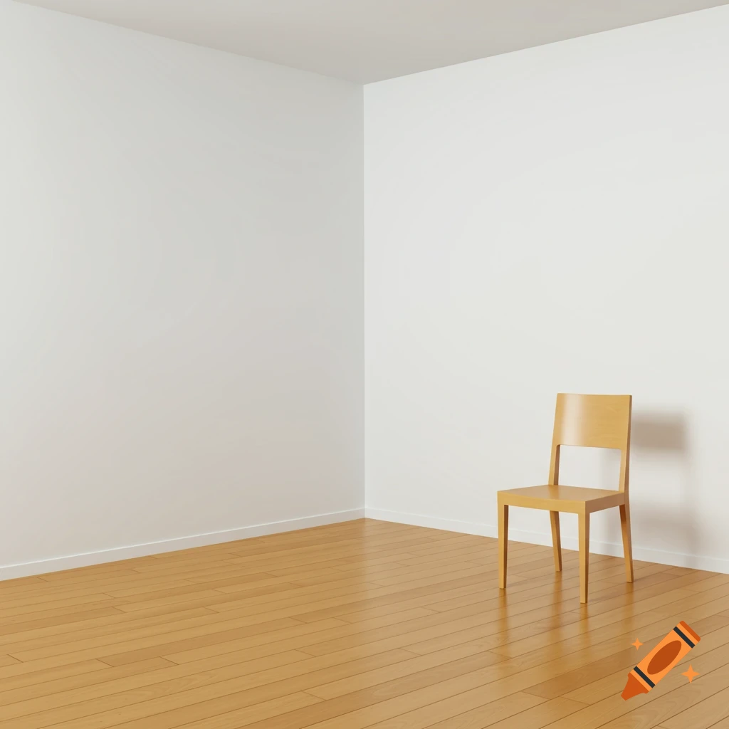 A minimalist room with white walls, a polished wooden floor, and a single light wooden chair.