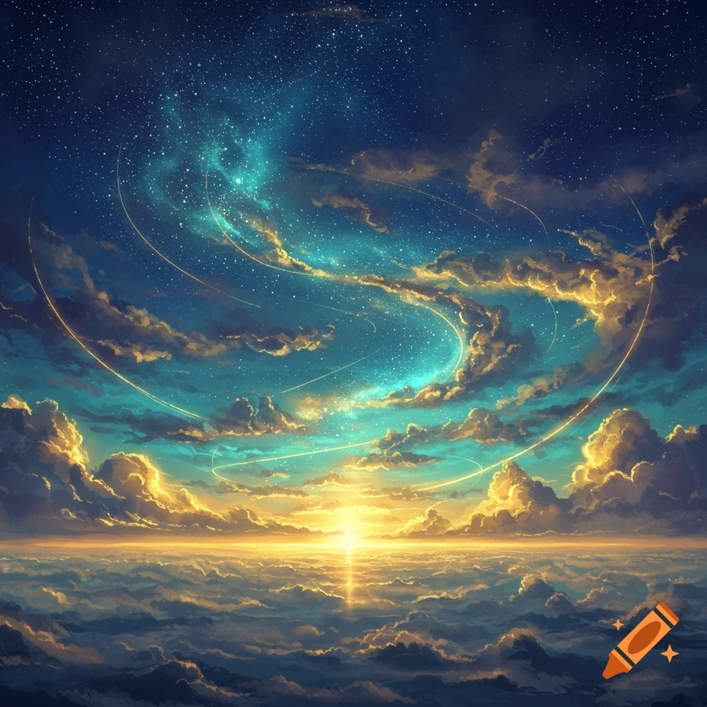 Dreamlike art of a starry, teal sky with golden light trails above fluffy clouds, illuminated by a bright golden sunrise.