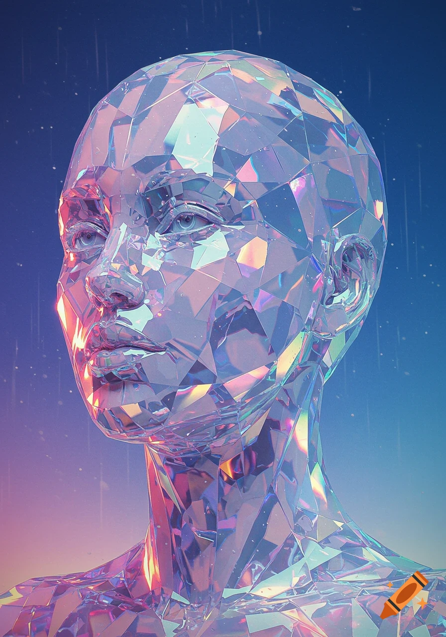 Abstract digital art portrait of a faceted crystal female head shimmering with iridescent light on a gradient background.
