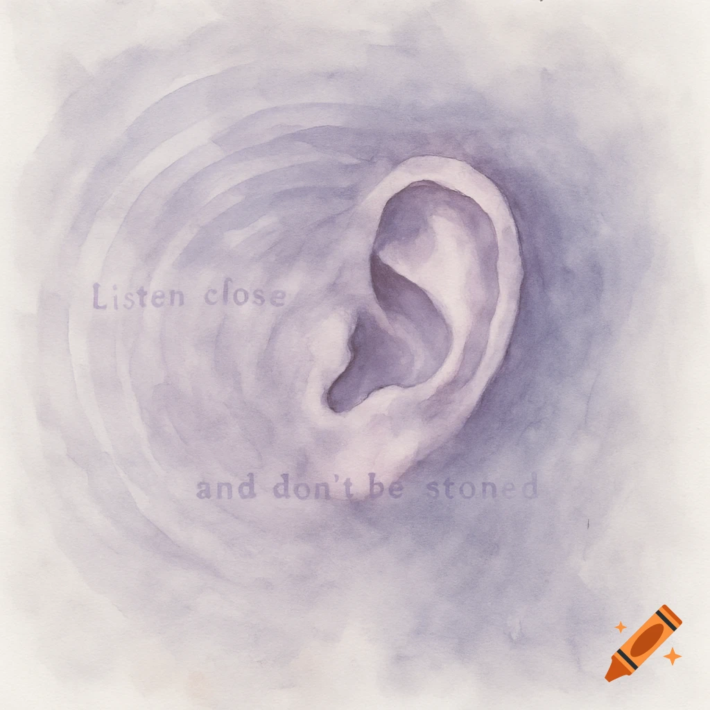Watercolor illustration of a human ear in soft lilac and grey tones, with ripples and faint text 'Listen close and don’t be stoned'.