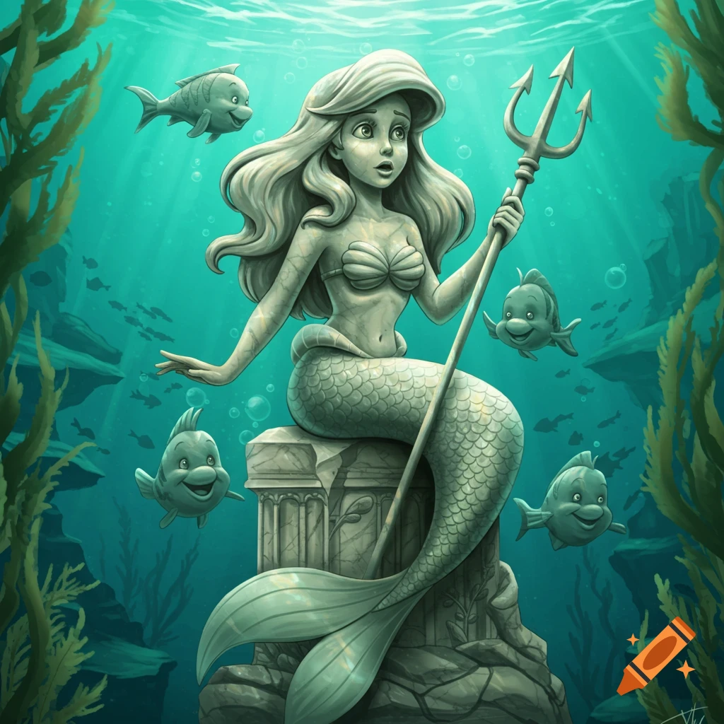 Surprised marble statue of Ariel from The Little Mermaid holding a trident, surrounded by cheerful cartoon fish in an underwater scene.