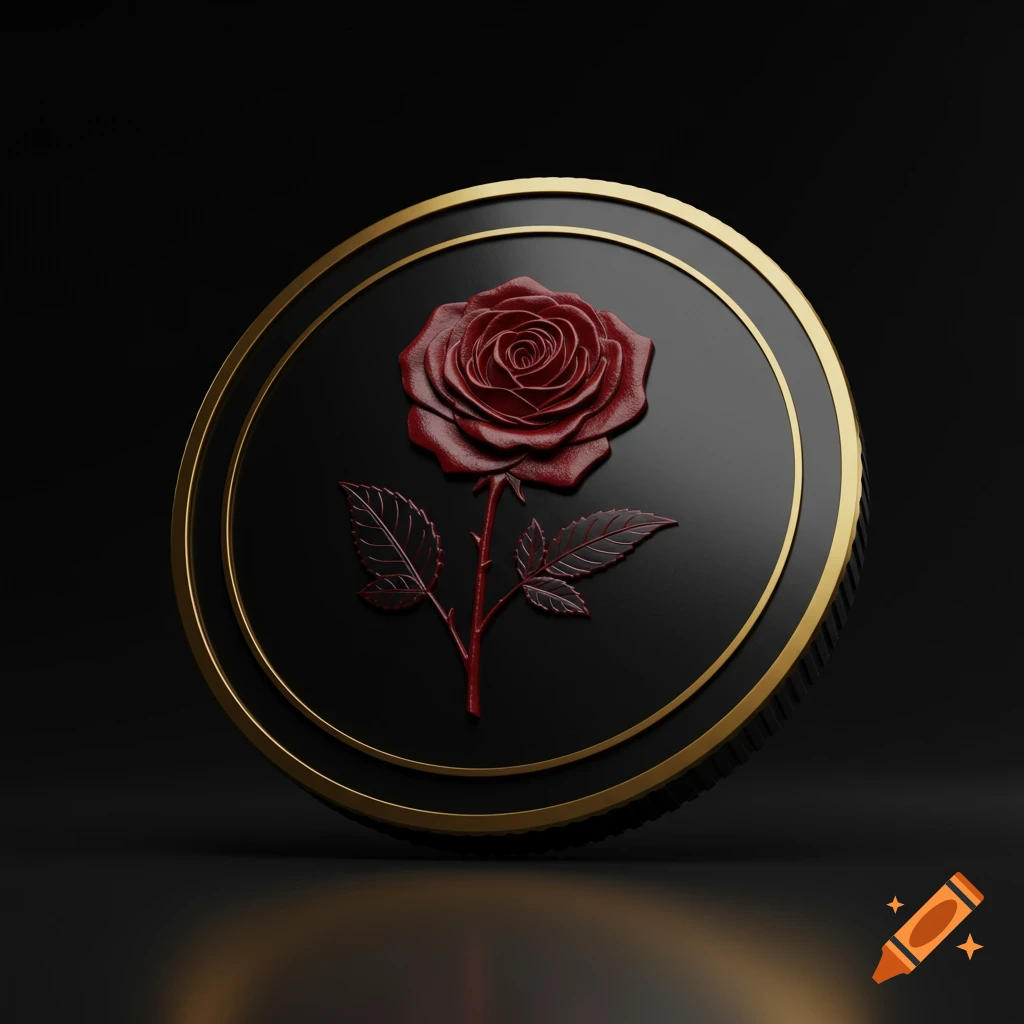 A sleek, round black coin with a deep red embossed rose in the center, bordered by gold trim, against a dark background.