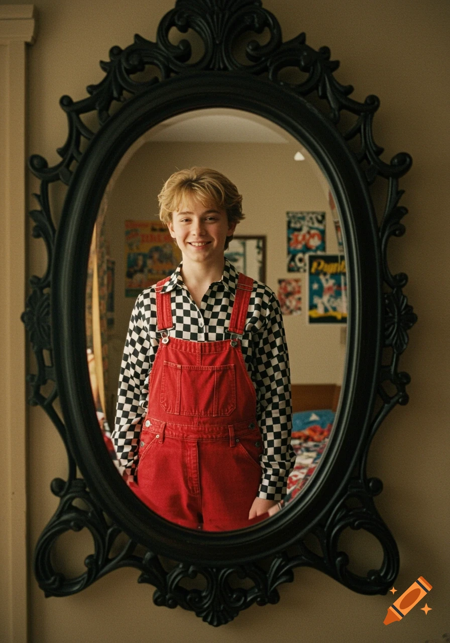 A smiling boy in a checkered shirt and red overalls looks at his reflection in an ornate mirror in a bedroom. Photorealistic.