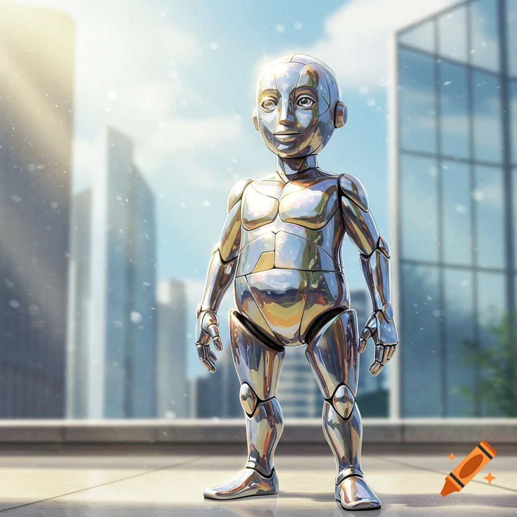 A shiny, chrome-plated robot child stands on a rooftop with blurred city buildings in the background.
