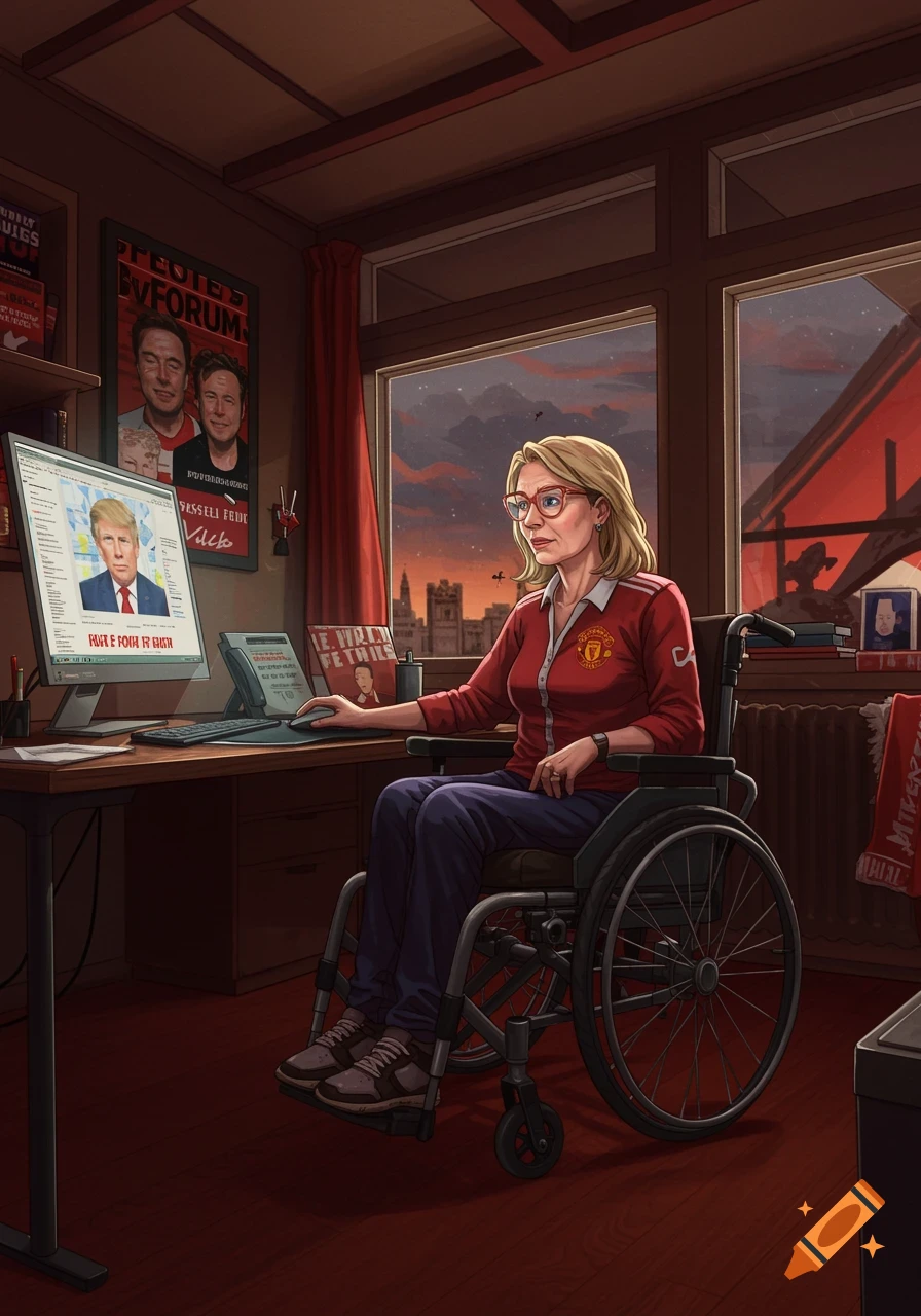An illustrated blonde woman in a red Manchester United shirt and glasses sits in a wheelchair at a computer, looking at a screen with Donald Trump. Posters of Elon Musk are on the wall, and the window shows a sunset over a city.