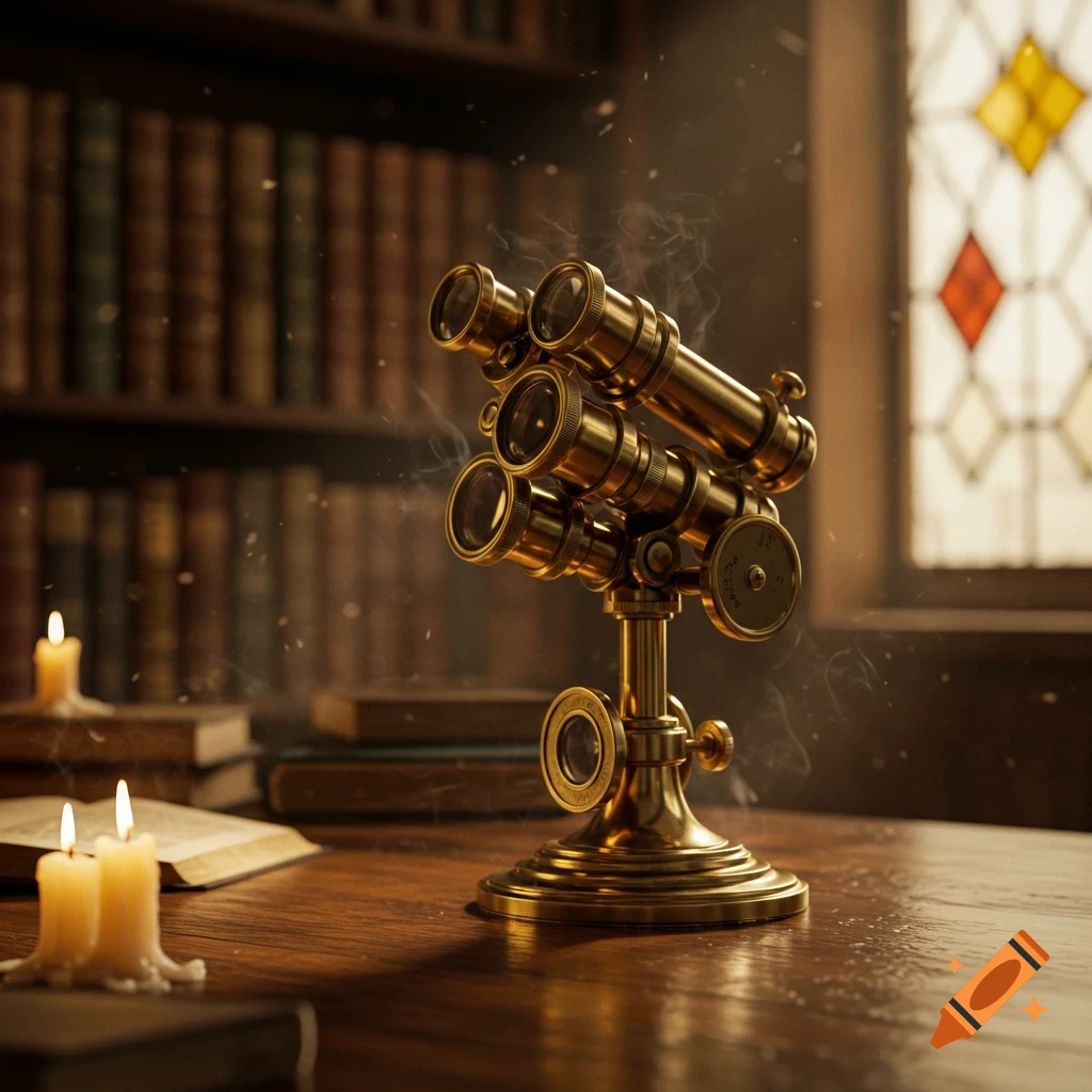 Golden antique multi-lens optical instrument on a wooden desk, surrounded by lit candles and books in a dim library.