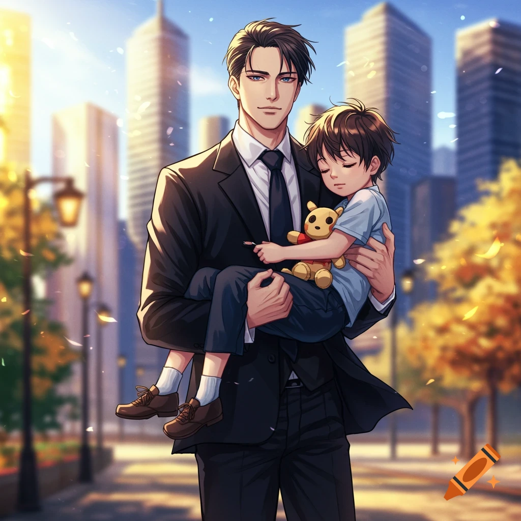 A man in a suit holds a sleeping boy with a teddy bear in a sunny anime city park with skyscrapers and autumn leaves.