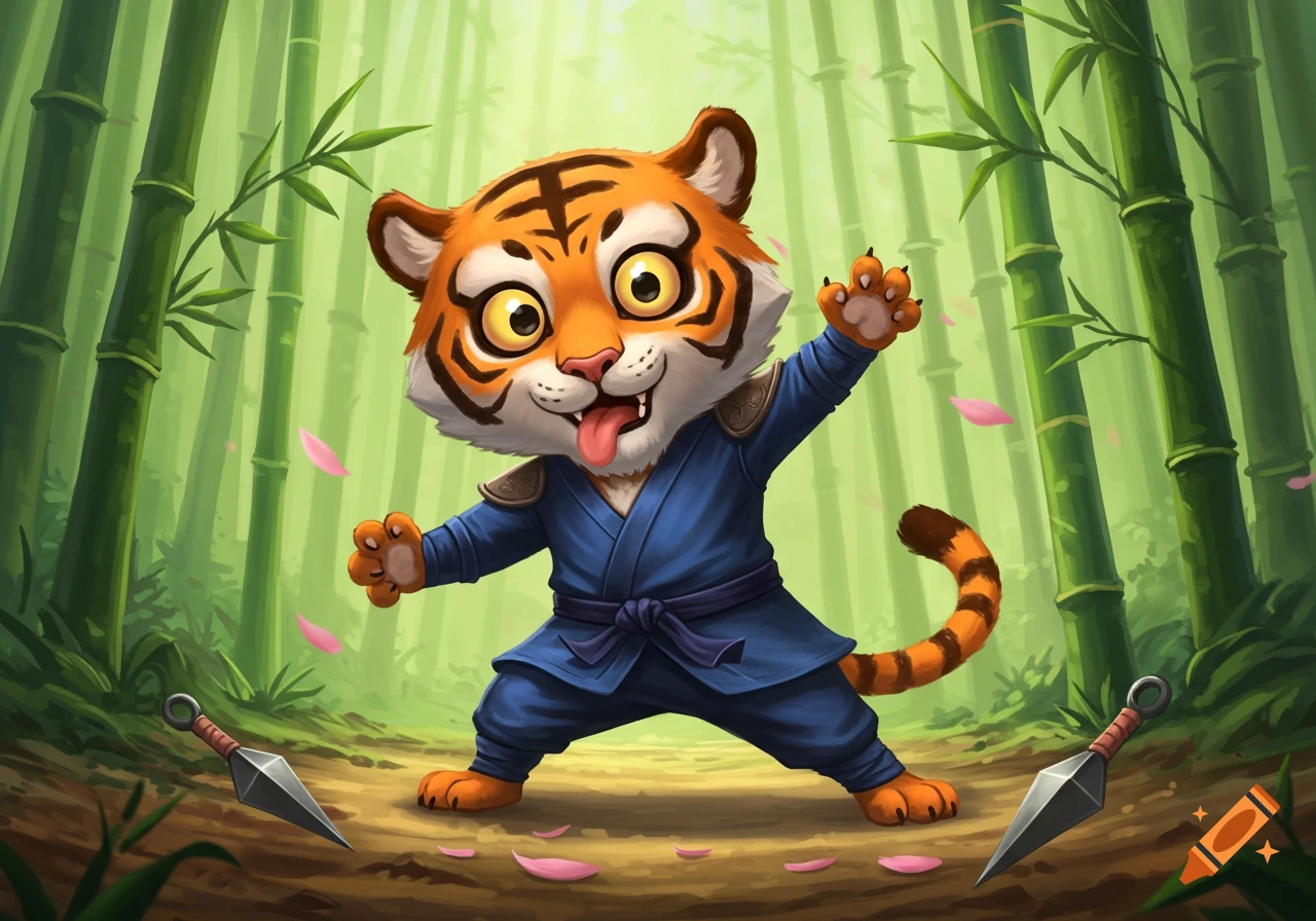 A cute, cartoon tiger in a blue martial arts gi poses in a bamboo forest with kunai on the ground and pink petals falling.