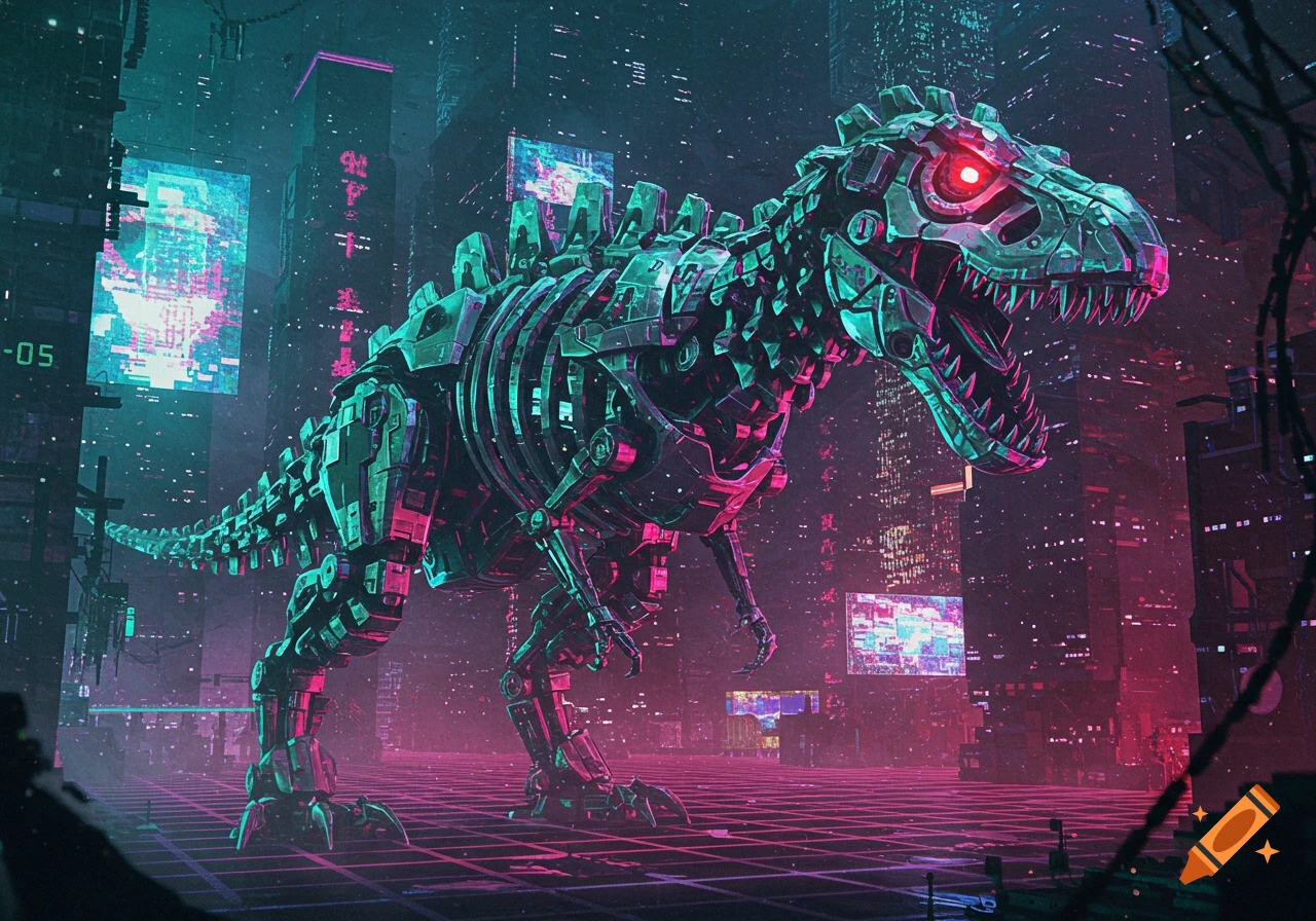 A chrome mechanical Tyrannosaurus Rex with glowing red eyes stands in a neon cyberpunk city with pink and teal lighting.