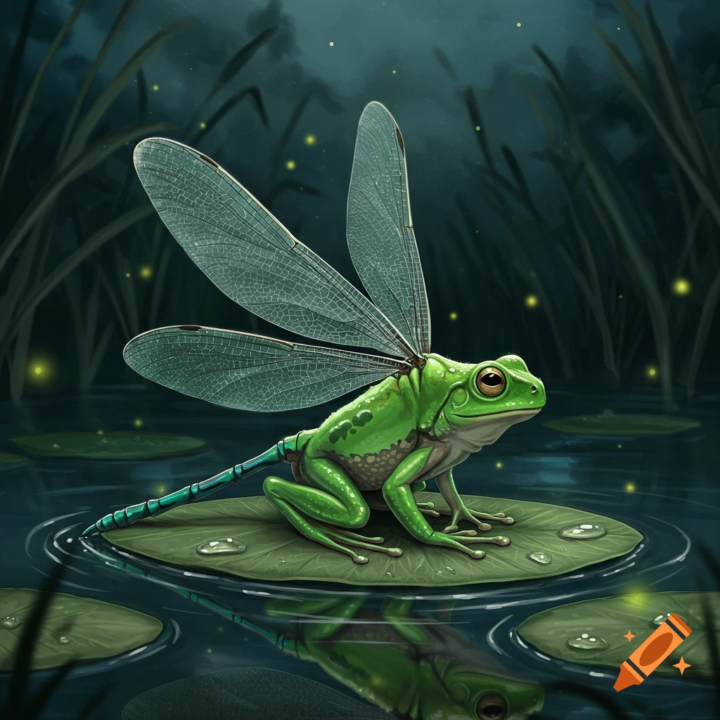 Green frog with translucent dragonfly wings and tail sits on a lily pad in a dark pond at night, with glowing fireflies and reeds.