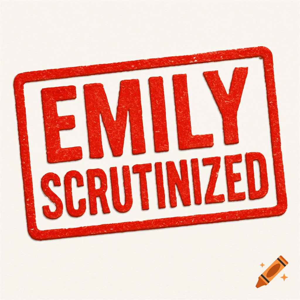 A bold red rubber stamp with a white border, angled slightly, features the text "EMILY SCRUTINIZED" on a textured light background.