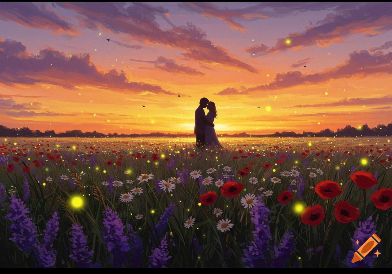 Digital painting of a couple embracing in a glowing flower field at sunset, surrounded by fireflies and colorful blooms.