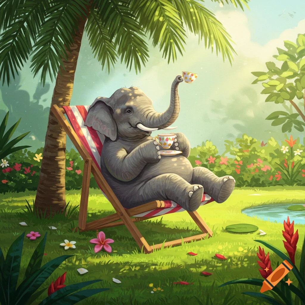 A friendly cartoon elephant relaxes in a red and white striped lawn chair under a palm tree, drinking tea in a sunny jungle scene.