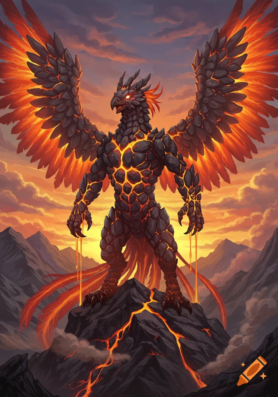 A powerful anthropomorphic phoenix made of dark rock and glowing lava, with fiery wings, stands on a volcanic mountain at sunset.