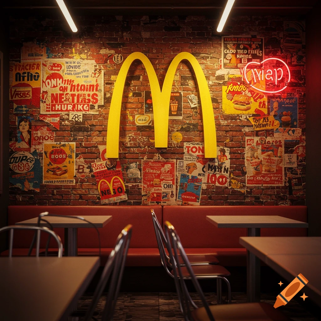 An illuminated McDonald's golden arches logo on a brick wall, surrounded by many torn, vintage-style posters and a neon sign in a restaurant booth setting.