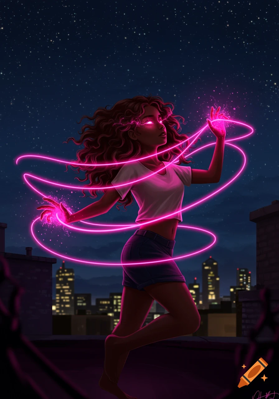Illustration of a girl with curly hair and glowing pink magic on a city rooftop at night with city lights below.