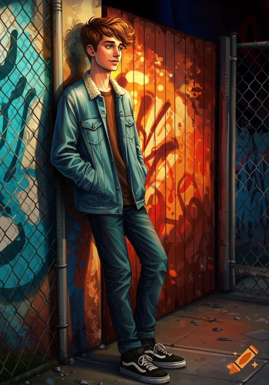 Stylized digital art of a brown-haired teenager in a denim jacket leaning against a colorful graffiti wall.
