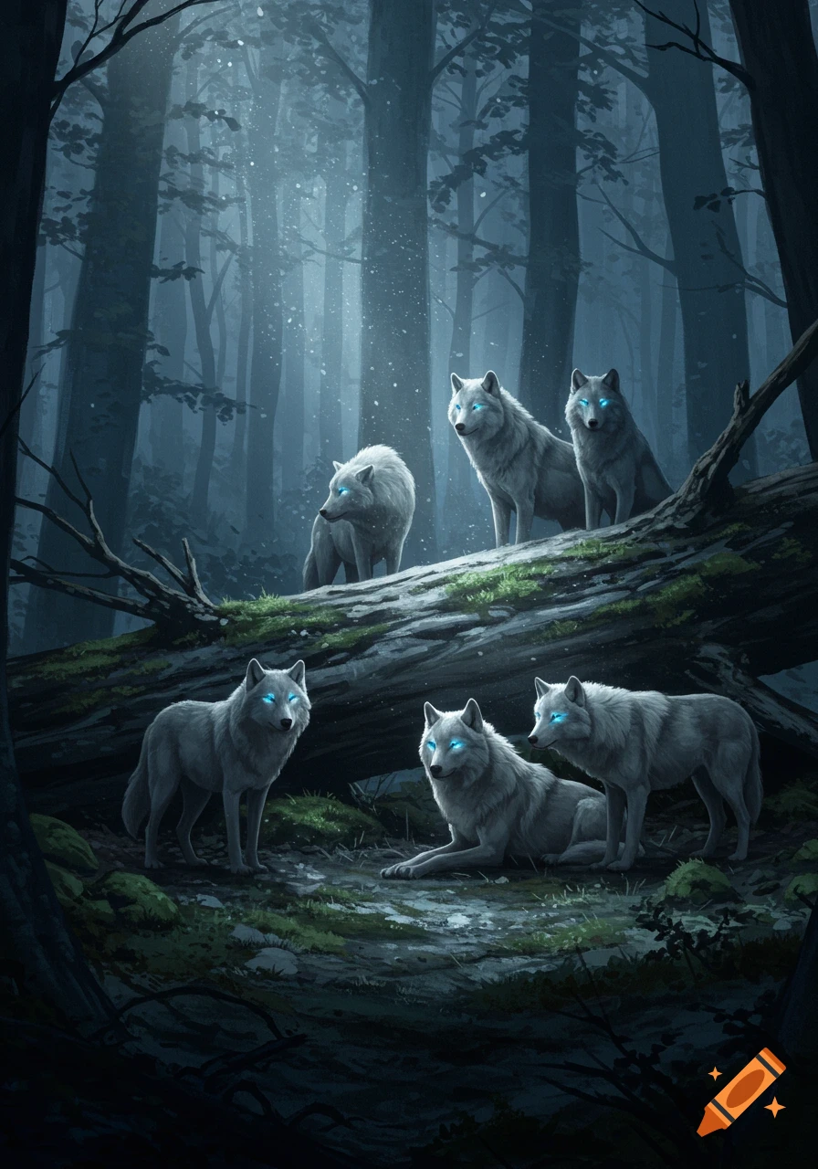 A pack of six white wolves with glowing blue eyes stands and lies among the roots and a fallen log in a dark, misty forest at night.
