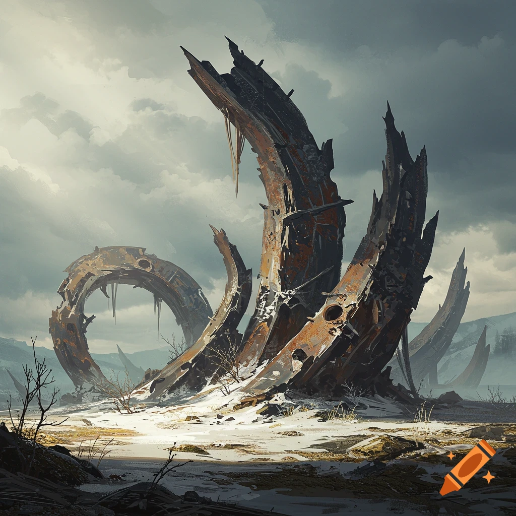 Digital painting of large, disfigured, rusted metal structures in a snowy, desolate landscape under a cloudy sky.