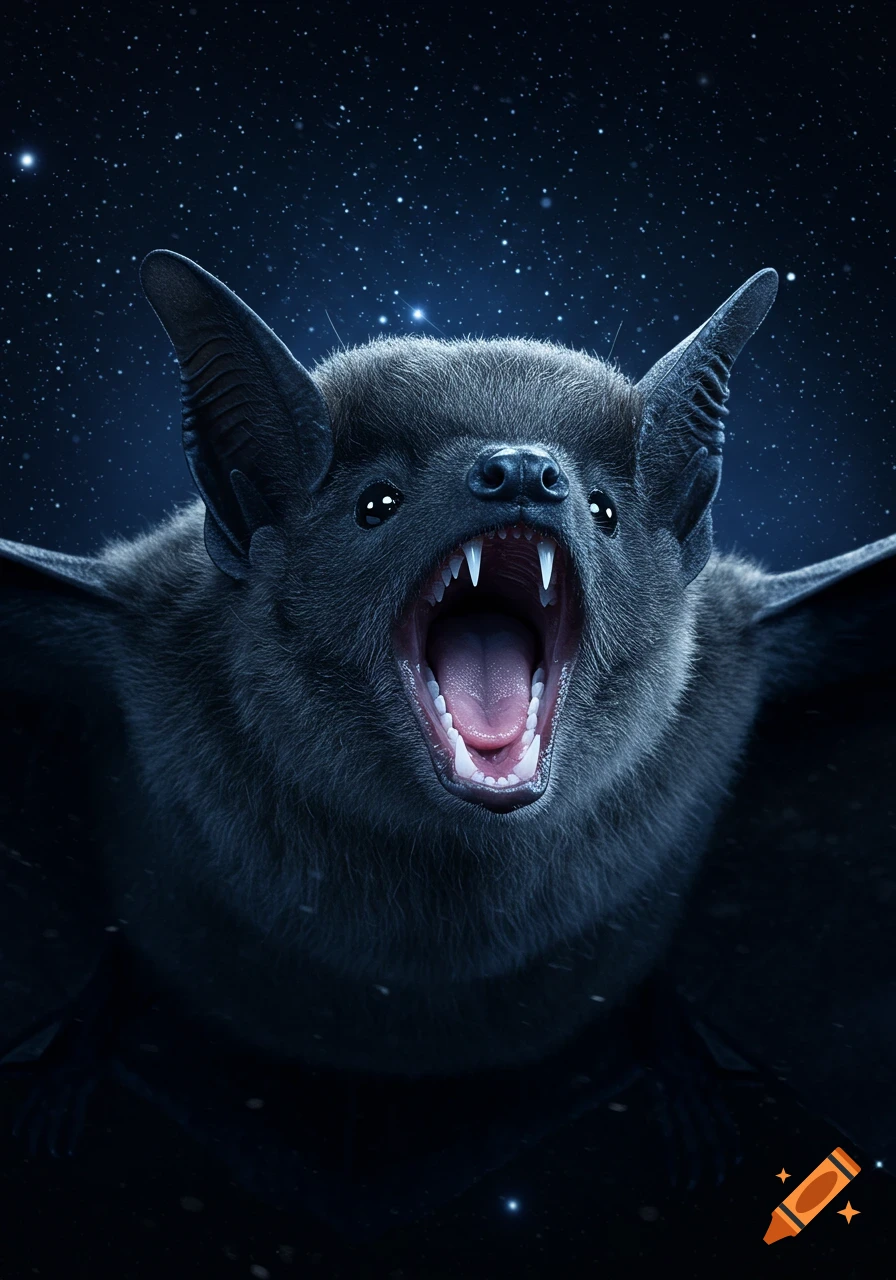 Photorealistic close-up of a screeching bat with its mouth open, against a starry midnight sky.