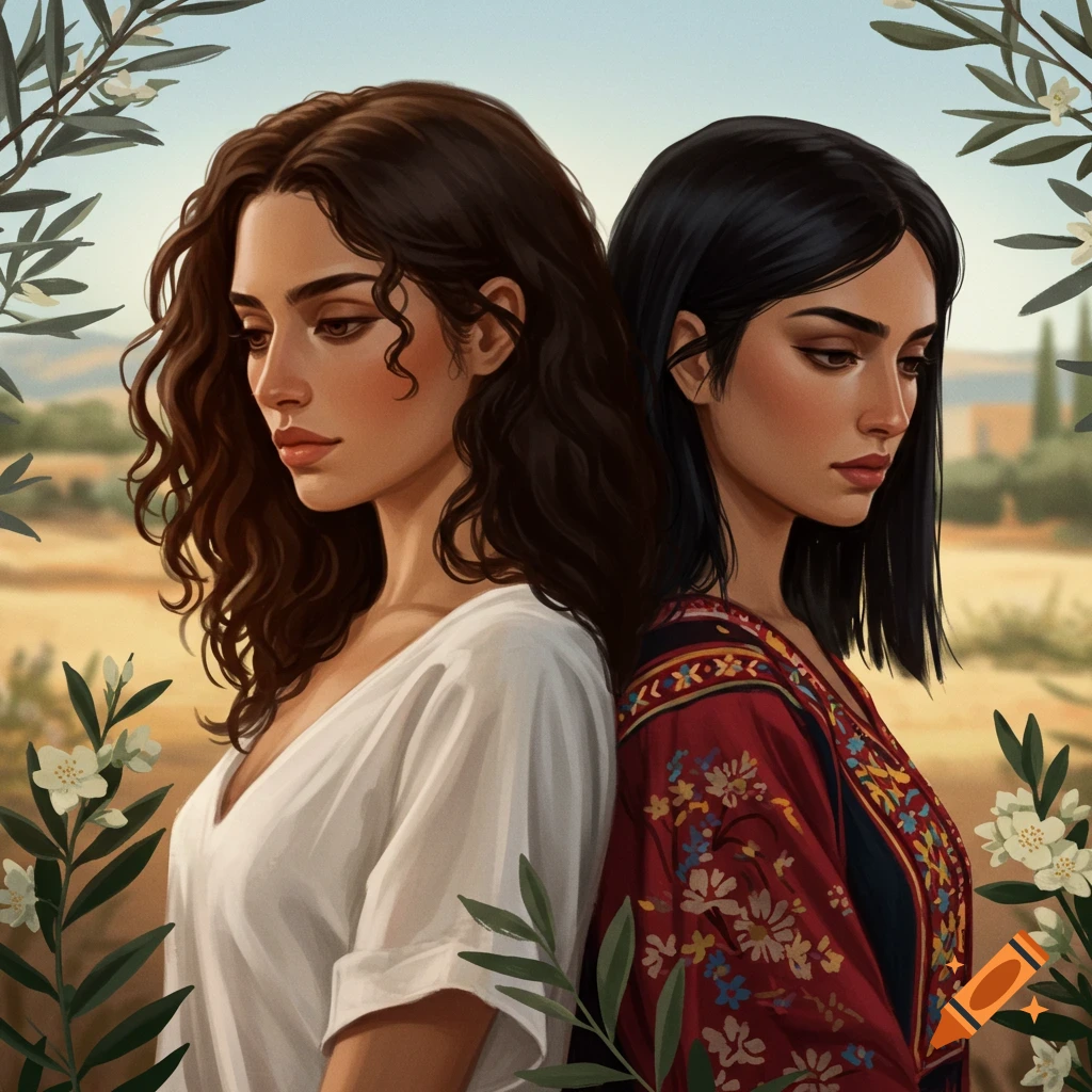 Digital art portrait of two women with dark hair, standing back to back, looking down, framed by olive branches.