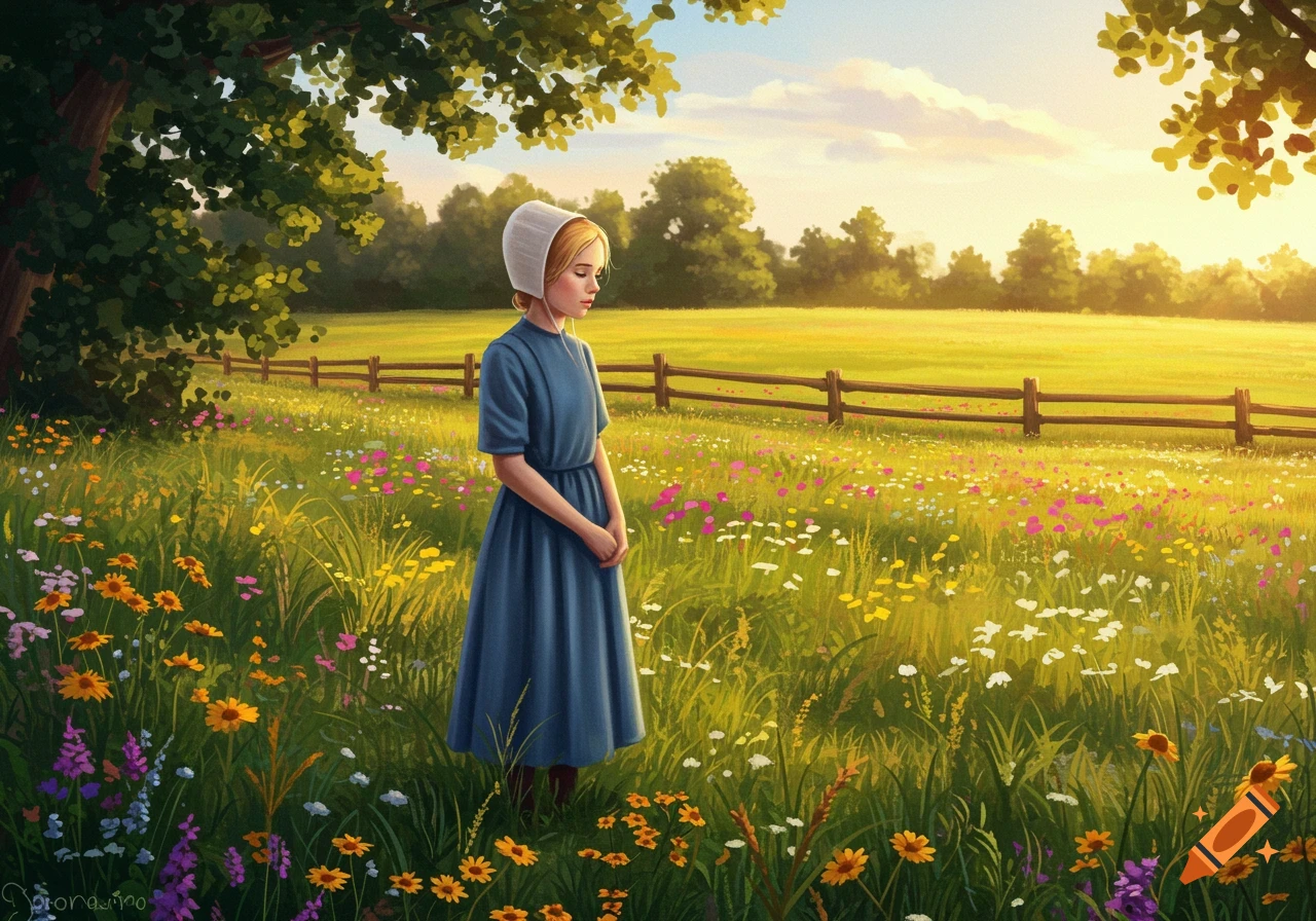 A young Amish woman in a blue dress and white bonnet stands in a vibrant wildflower meadow under a sunny sky, depicted in a painterly style.