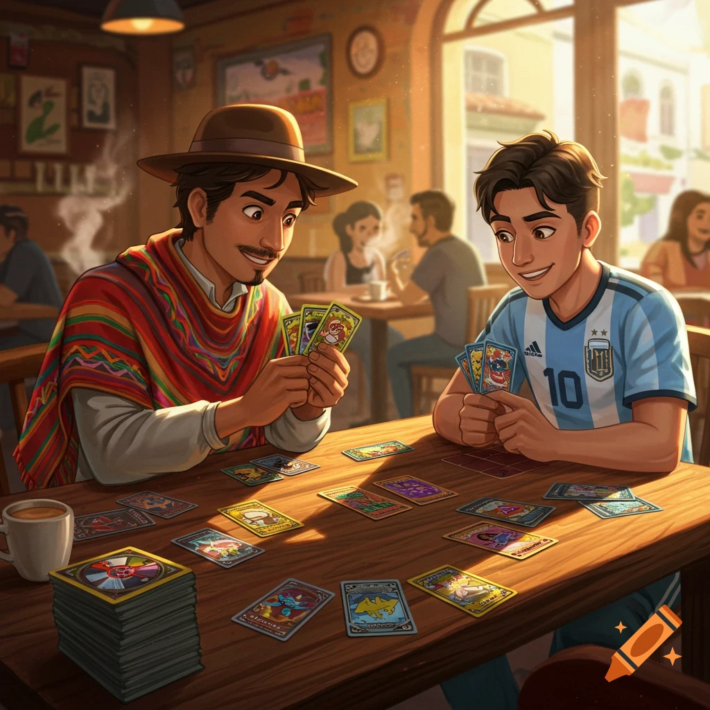 Two smiling men, one wearing a poncho and a hat, and the other an Argentina soccer jersey, playing a card game in a bustling cafe.