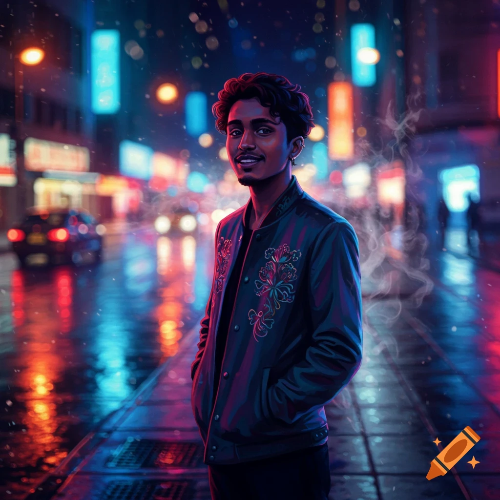 Stylized portrait of a smiling young man on a neon-lit, wet city street at night.