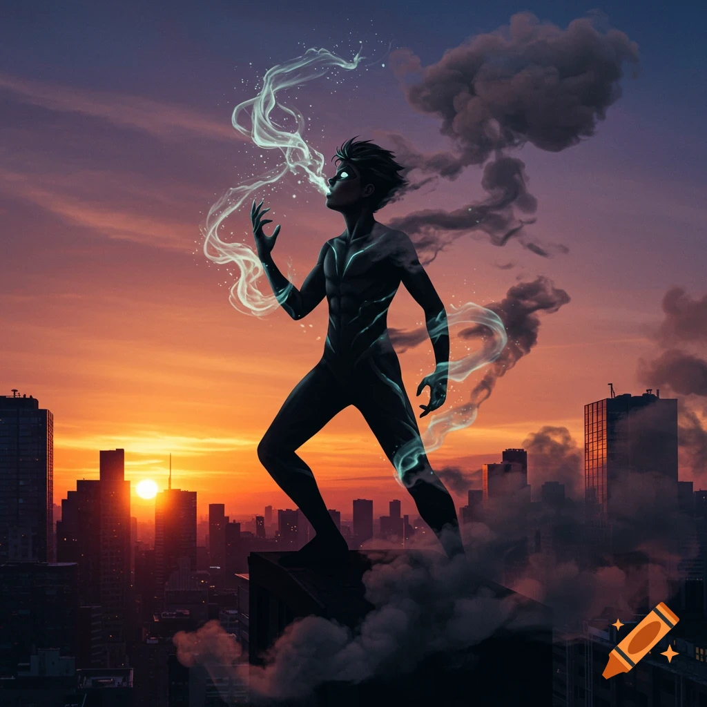 A stylized smoke boy superhero stands on a city rooftop at sunset, exhaling glowing smoke.