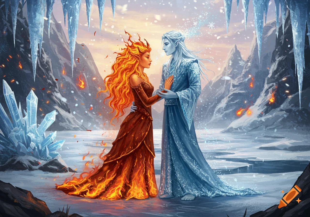 Painting of a fire princess with flaming hair and an ice prince holding hands in a frozen, mountainous landscape.