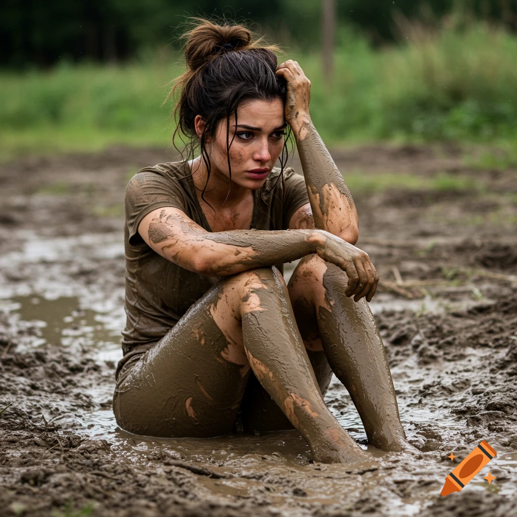 A photorealistic portrait of a young brunette woman with a messy bun, covered in mud, sitting in an outdoor muddy field with a disappointed expression.