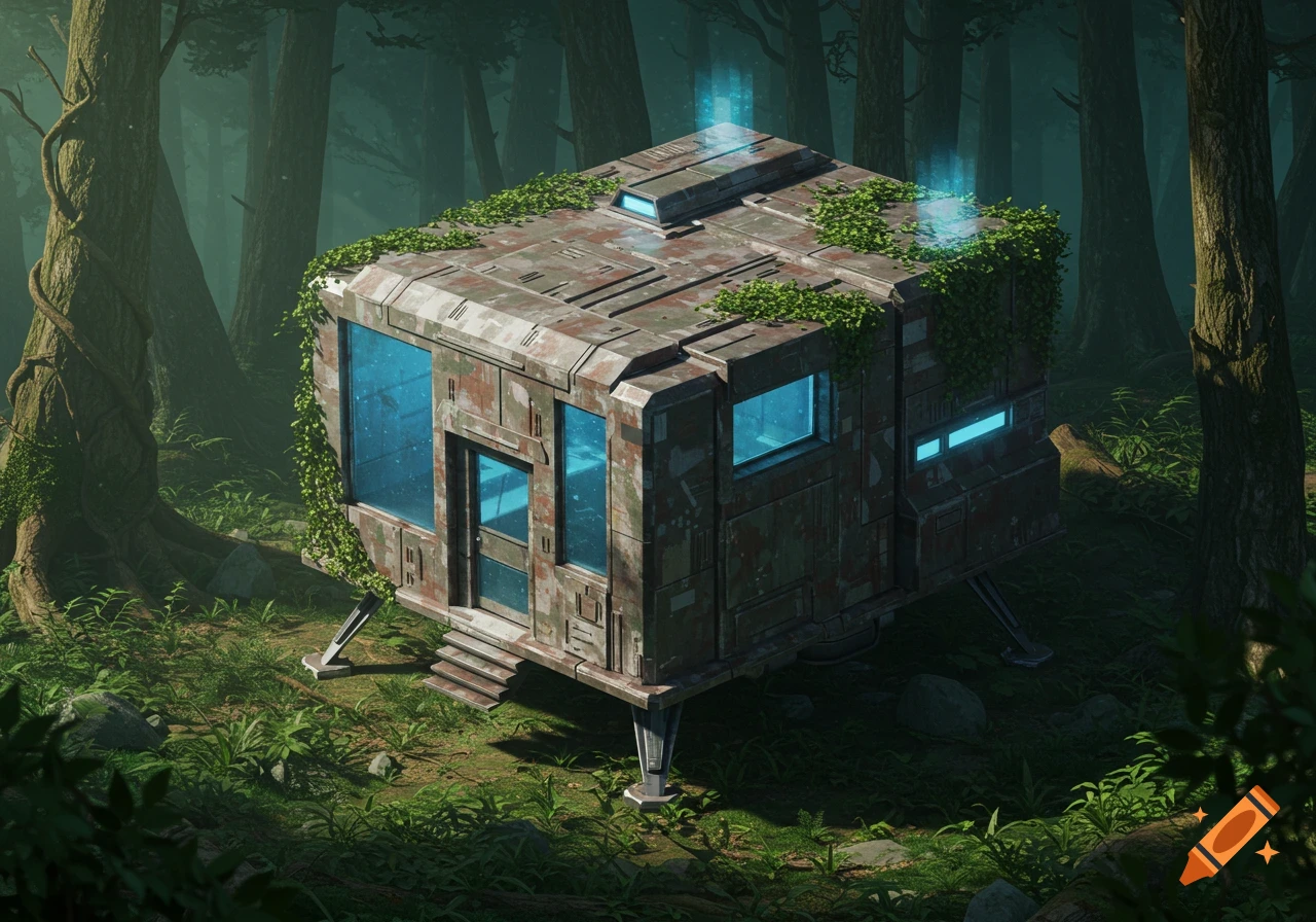 A rustic, ruggedized sci-fi shed with glowing blue windows and overgrown vines, nestled in a dense, misty forest. Isometric view.
