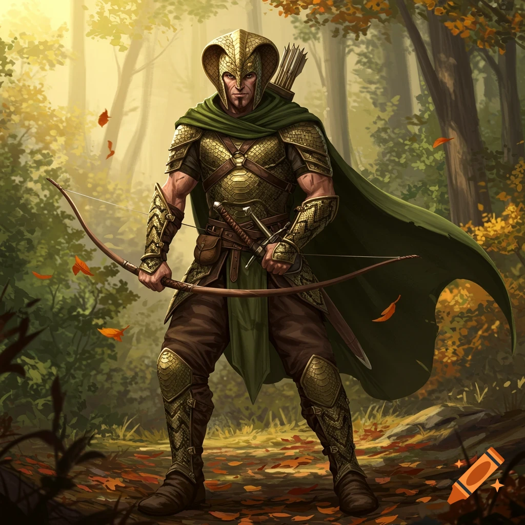 A detailed digital painting of a ranger in golden snake-skin armor and green cape, holding a bow, standing in an autumn forest.